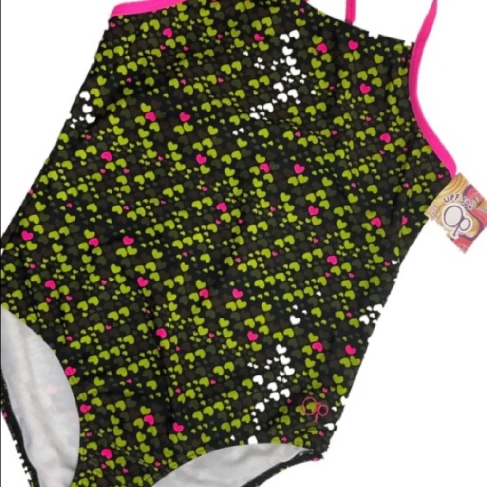 Girls Swimsuit One Piece Bathing Suit Hearts Summer Beach Pool Green Pink White